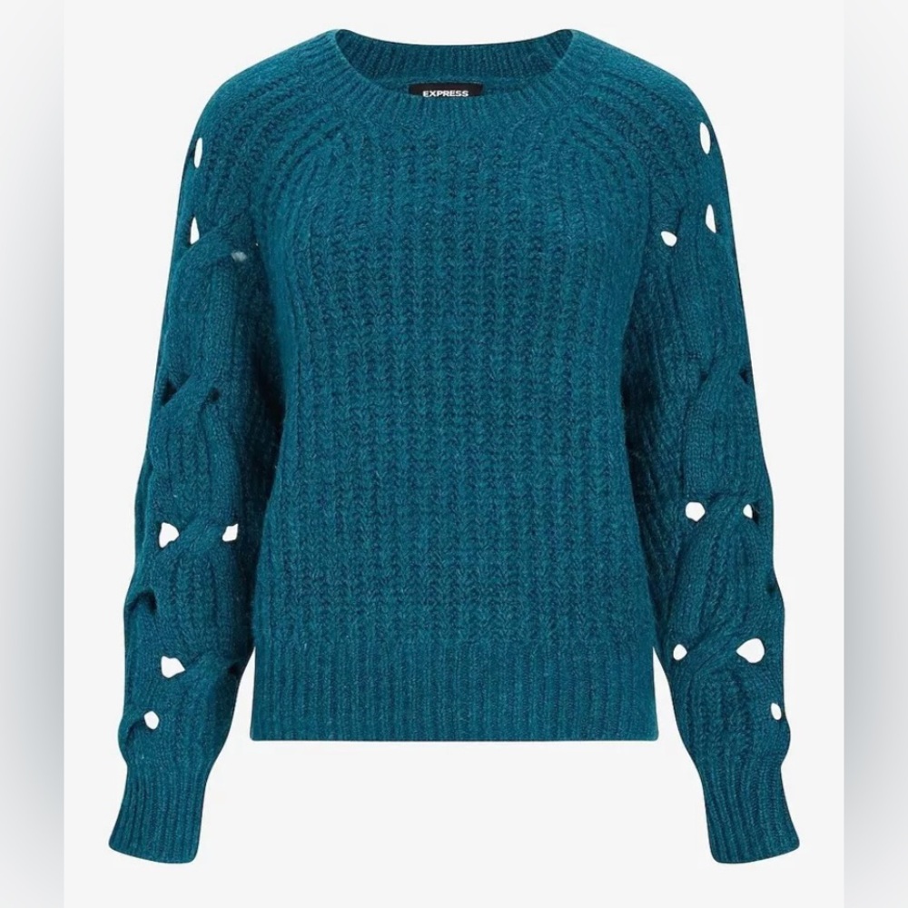 New Express Women's Teal Open Cable Raglan Sleeve Sweater Size XS